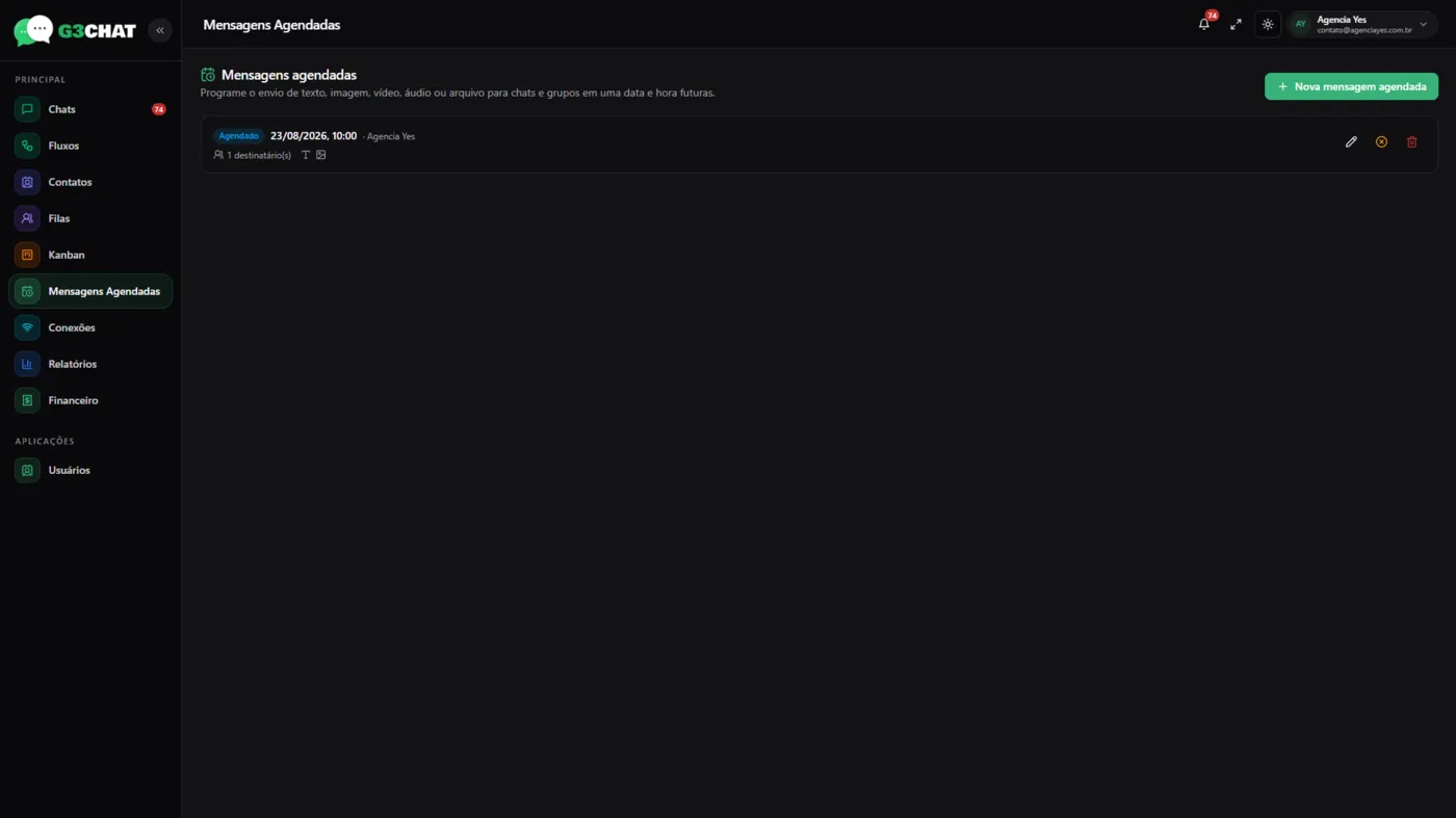 Lista de mensagens agendadas no G3Chat